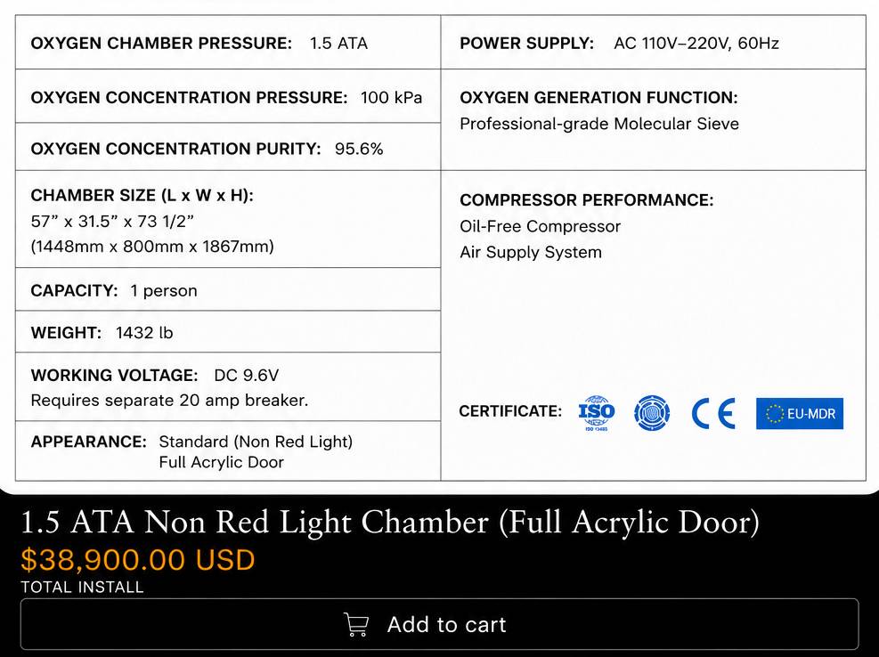 1.5 ATA Non Red Light chamber (Full Acrylic Door)