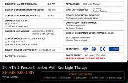 2.0 ATA 2-Person Chamber With Red Light Therapy